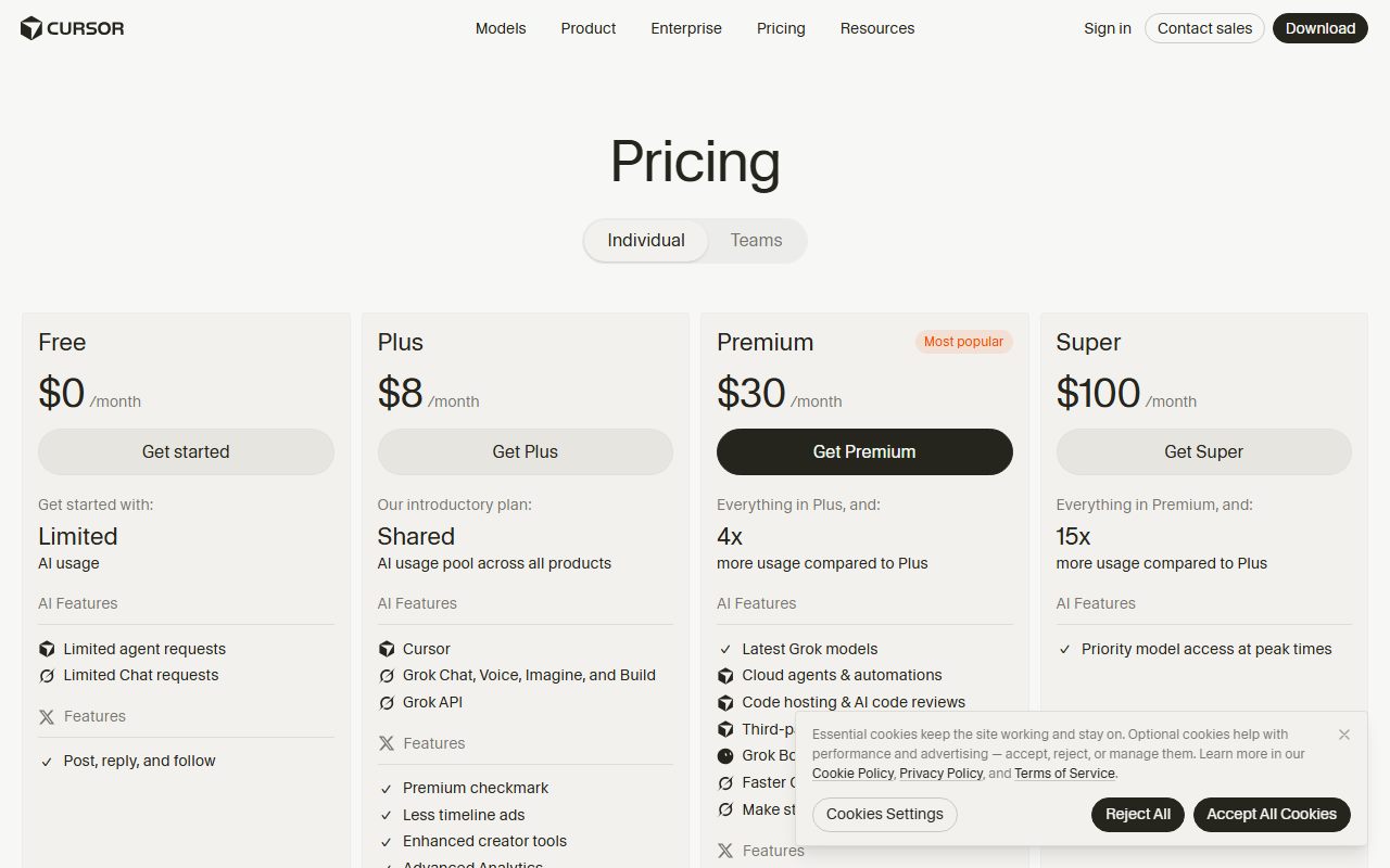 Cursor's pricing page as captured on October 13, 2026. Prices and tier contents change; the live page is the source of truth.