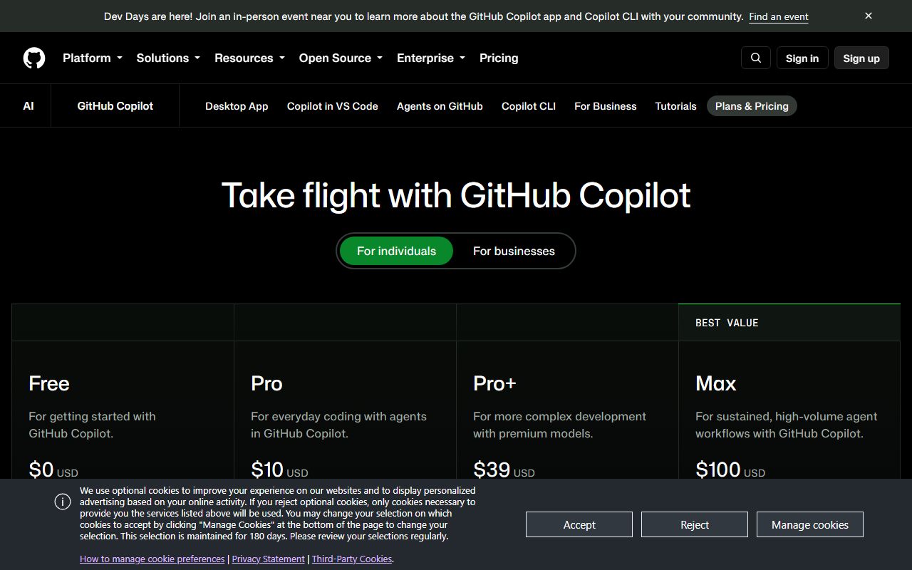 GitHub Copilot's public homepage, captured automatically on October 14, 2026. Not a logged-in account; the page may have changed since.