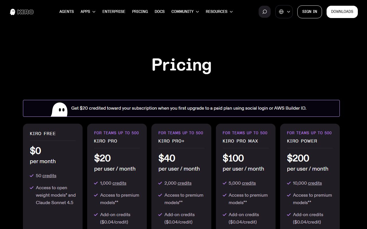 Kiro's pricing page as captured on October 19, 2026. Prices and tier contents change; the live page is the source of truth.