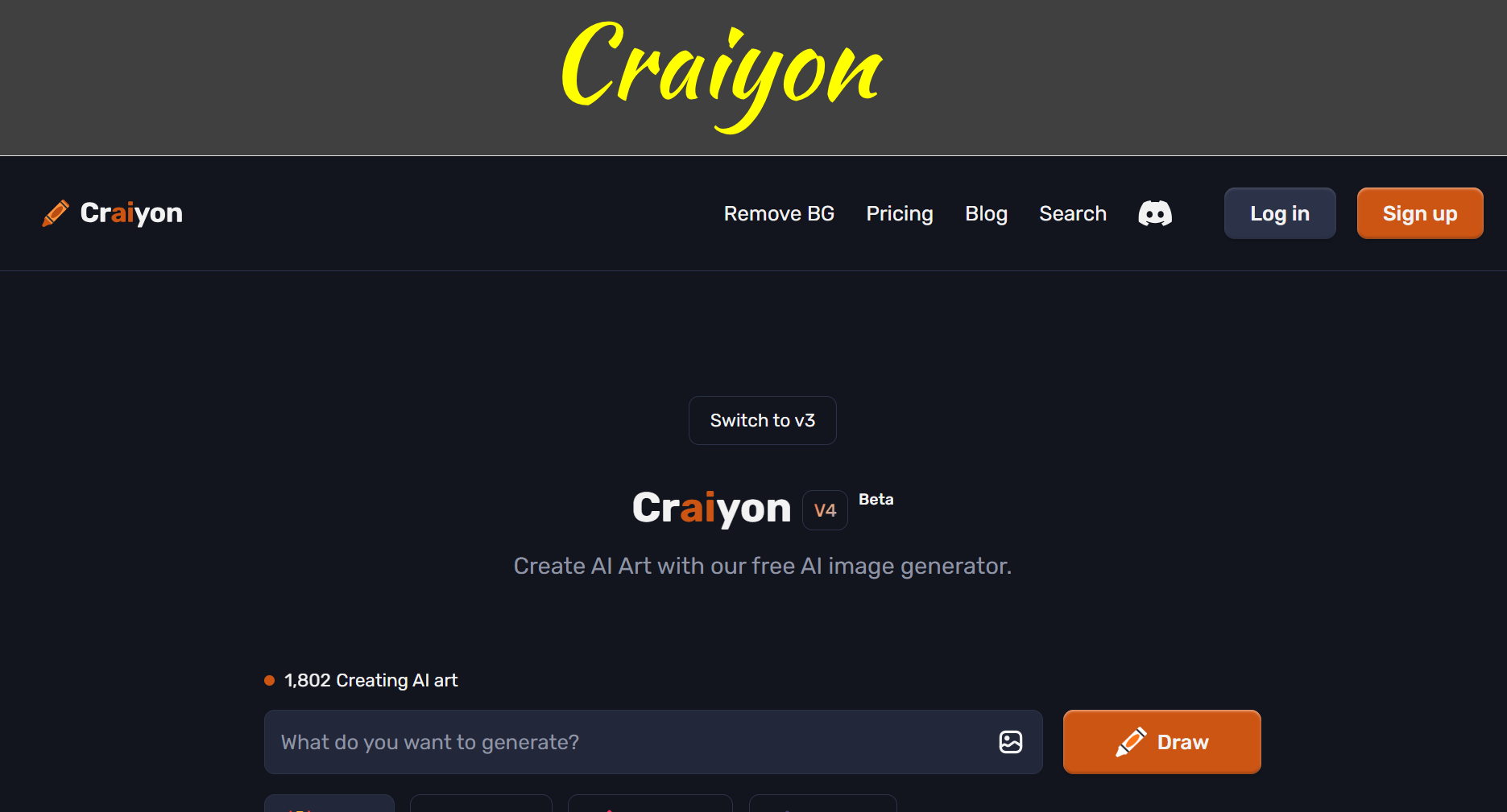 A screenshot of the hompage of Craiyon.