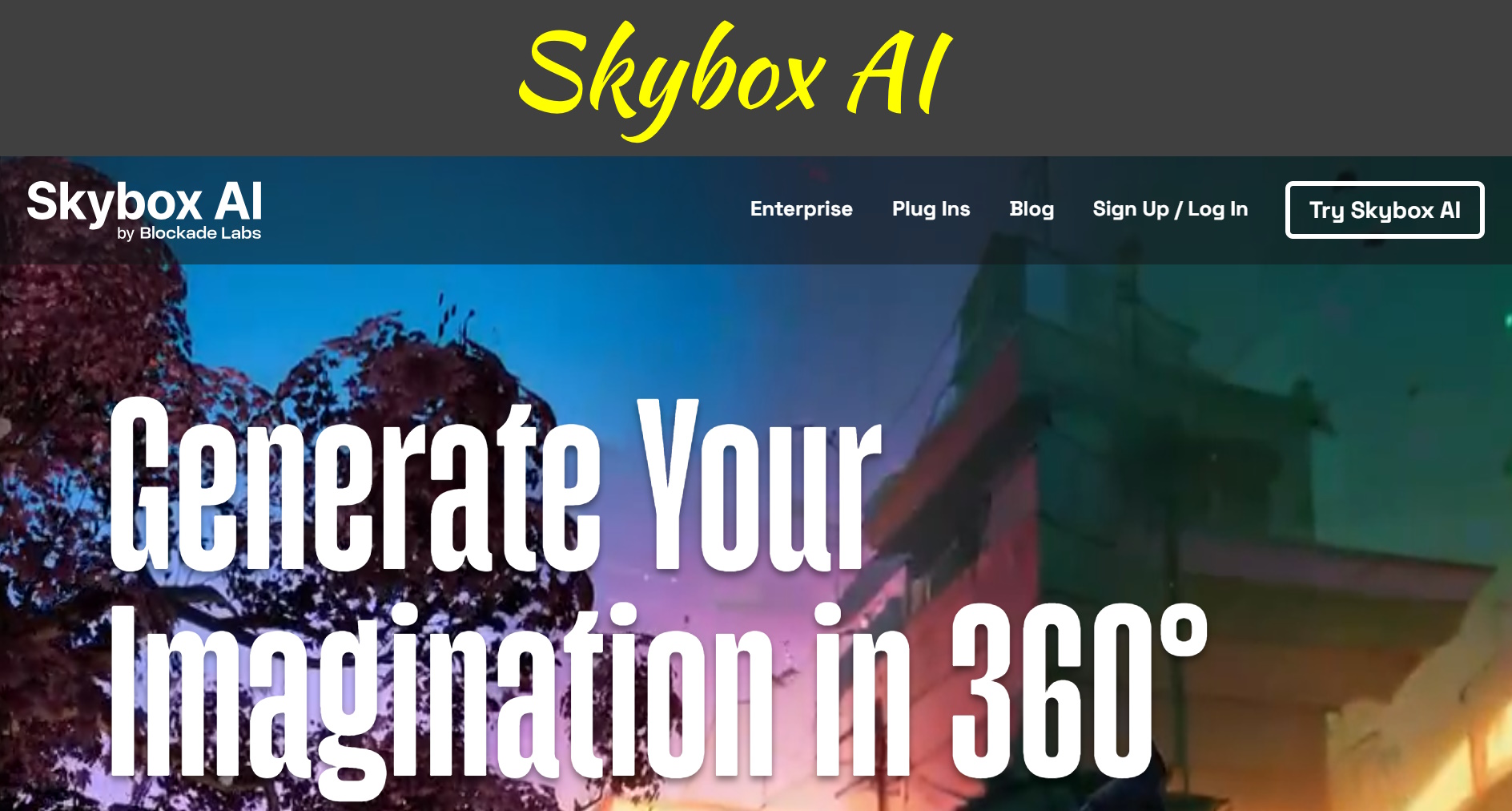 A screenshot of the Skybox AI homepage with yellow text at top that reads Skybox AI.