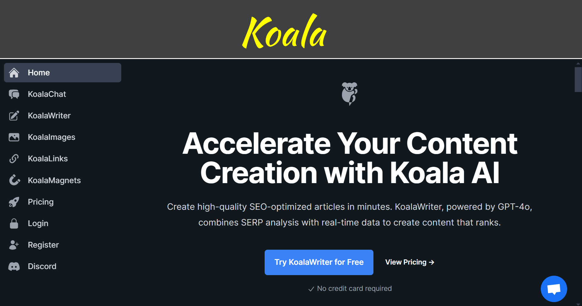 A screenshot of the Koala website homepage.