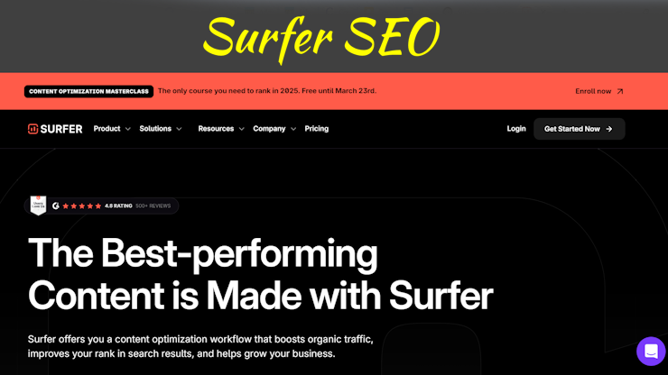 A screenshot of the Surfer SEO website homepage.